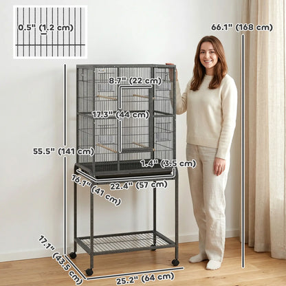 56"H Bird Cage, Parrot Cage w/ Detachable Rolling Stand, Removable Tray, Storage Shelf, Perches, Food Container Bird Cages at Gallery Canada
