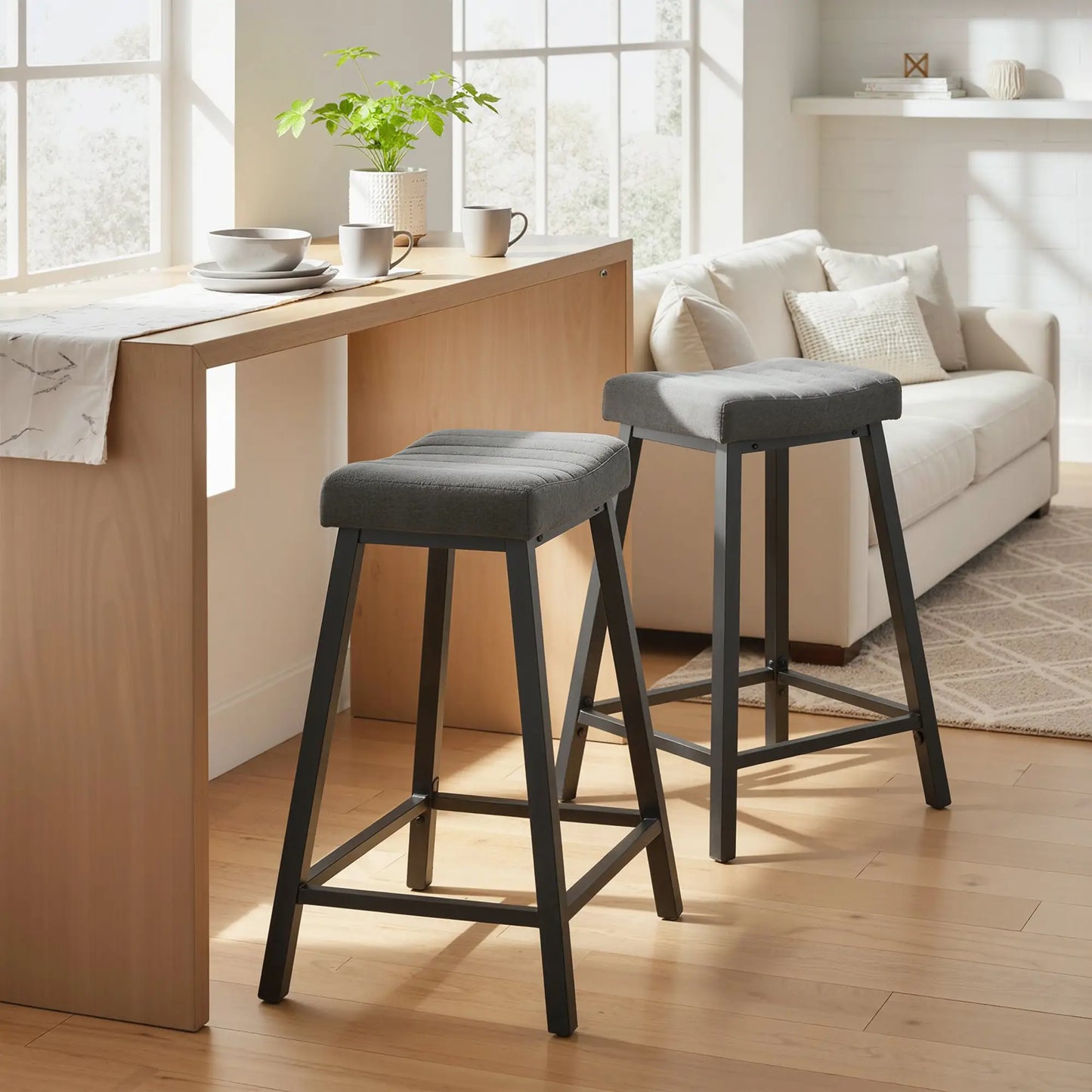 Set of 2 Velvet Bar Stools, Curved Seat with Footrest, Grey Bar Stools at Gallery Canada