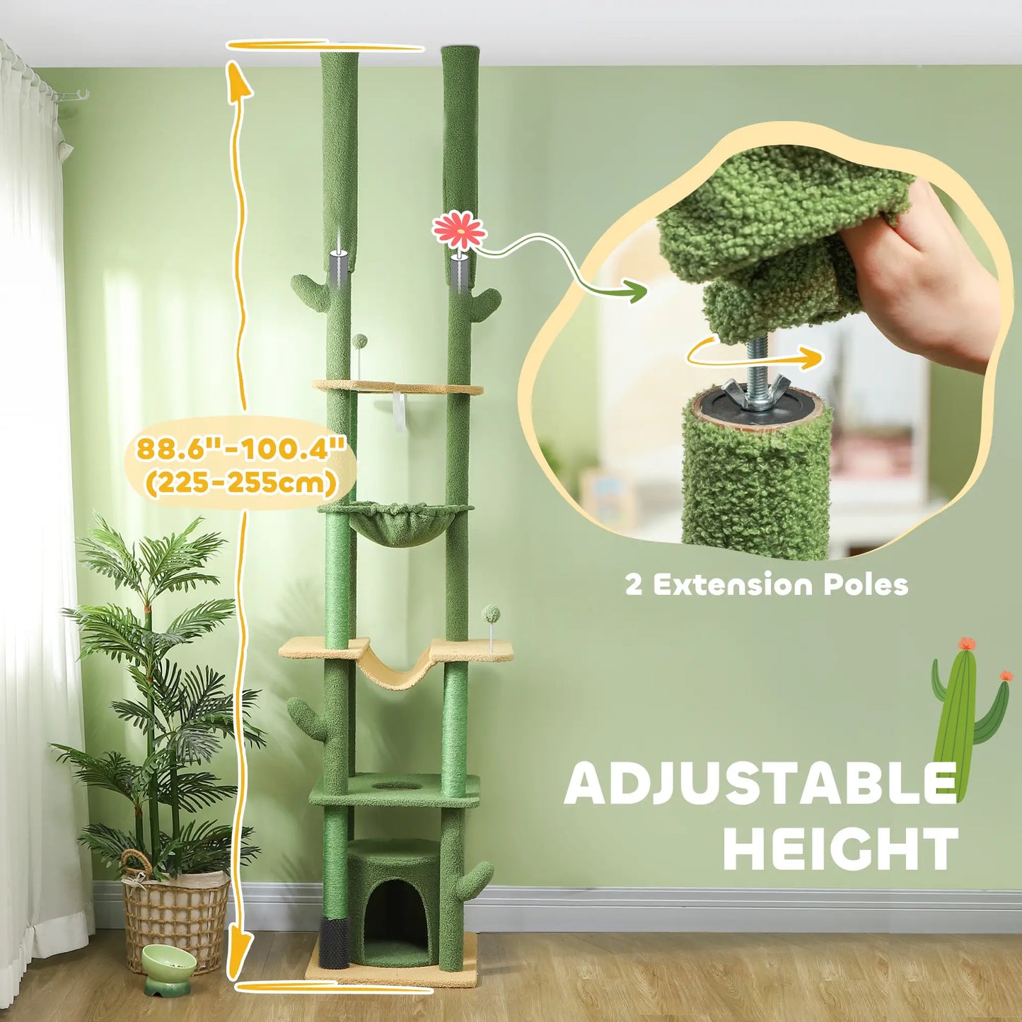 89"-100" Cat Tree Tower for Large Cats, Scratching Posts, Grooming Brush, Green Floor to Ceiling Cat Trees at Gallery Canada