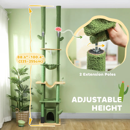 89"-100" Cat Tree Tower for Large Cats, Scratching Posts, Grooming Brush, Green Floor to Ceiling Cat Trees at Gallery Canada