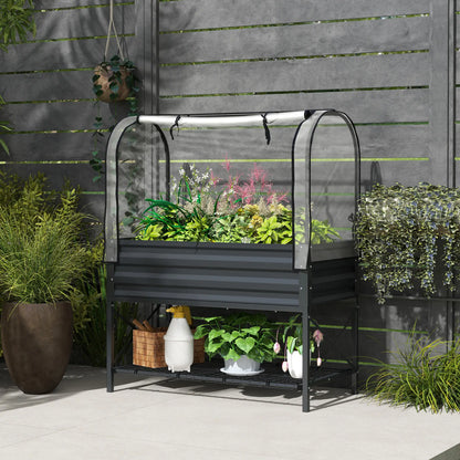 Metal Raised Garden Bed With Cover, With Bottom Shelf And Liner, Dark Grey