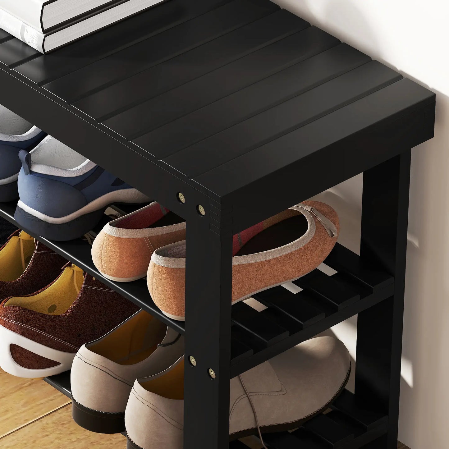 Bamboo Shoe Storage Bench, 3-Tier, 2 Shelves, Holds 6 Pairs, Black Shoe Storage Cabinets & Racks at Gallery Canada
