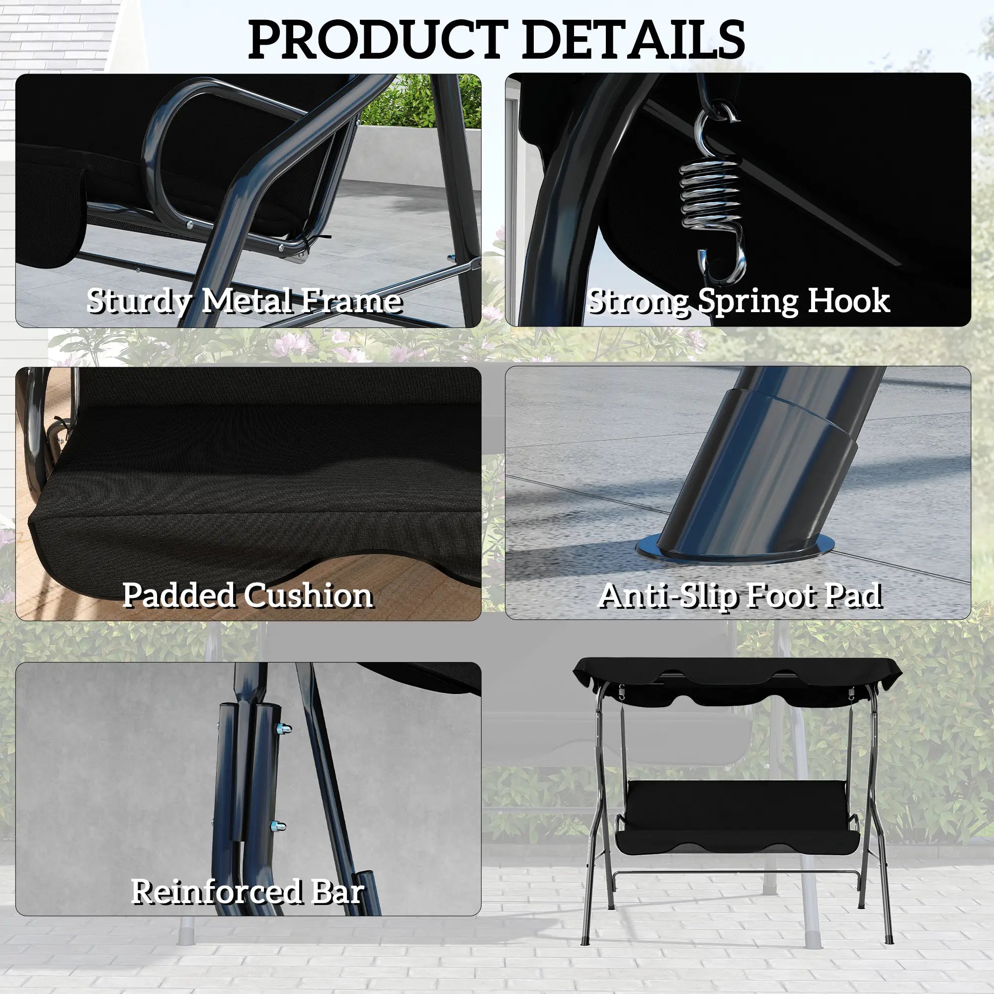 Outdoor Porch Swing, Adjustable Canopy, 3-Seater Patio Chair With Cushion, Black Porch Swings with Canopy at Gallery Canada
