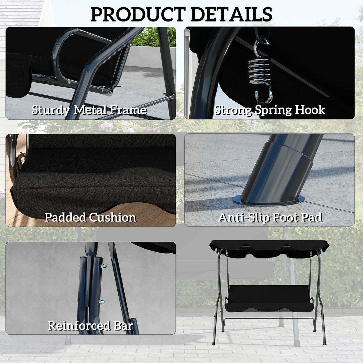 Outdoor Porch Swing, Adjustable Canopy, 3-Seater Patio Chair With Cushion, Black Porch Swings with Canopy at Gallery Canada