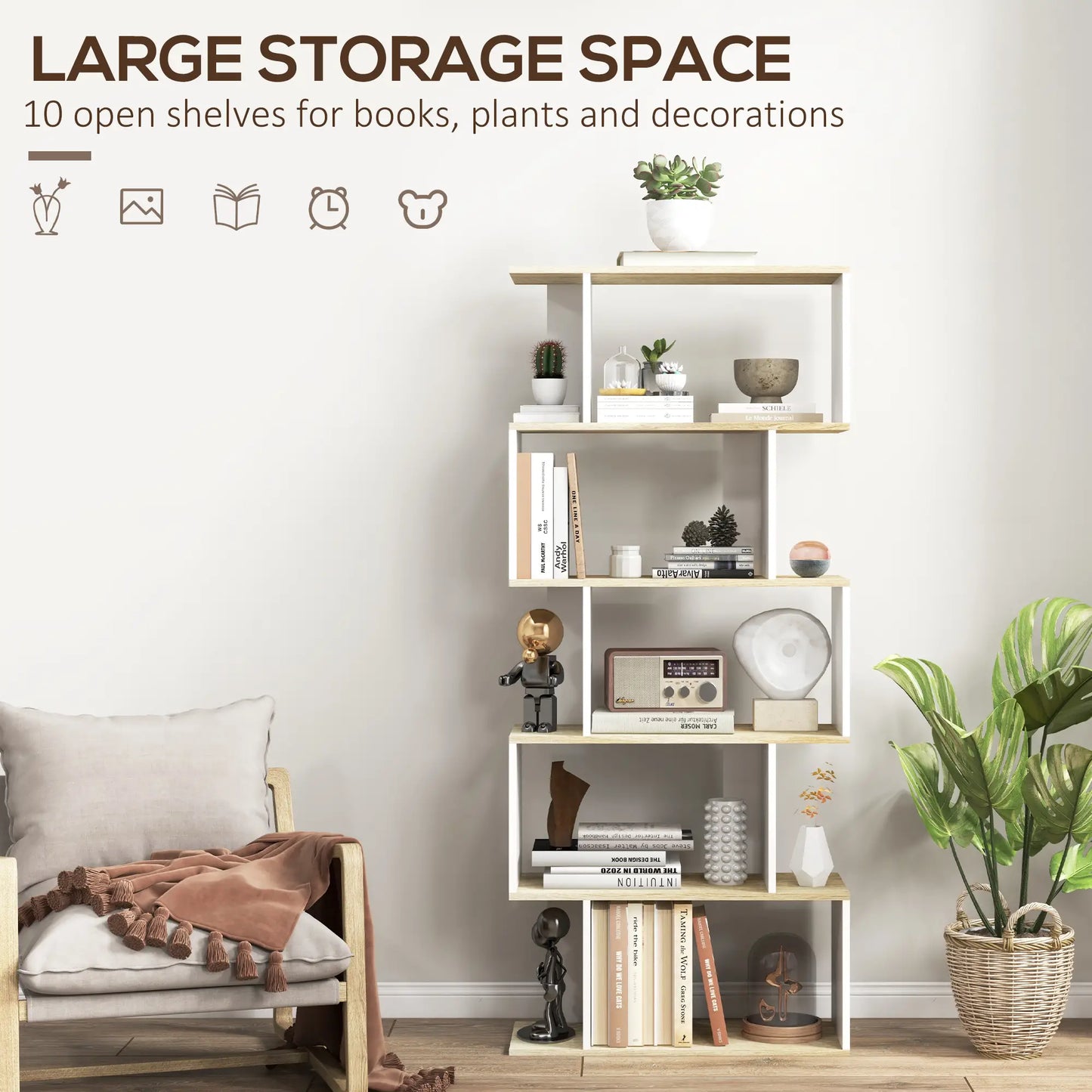 5-Tier Geometric S Shaped Bookcase, Tall Narrow Display Shelf, White Display Bookshelves at Gallery Canada