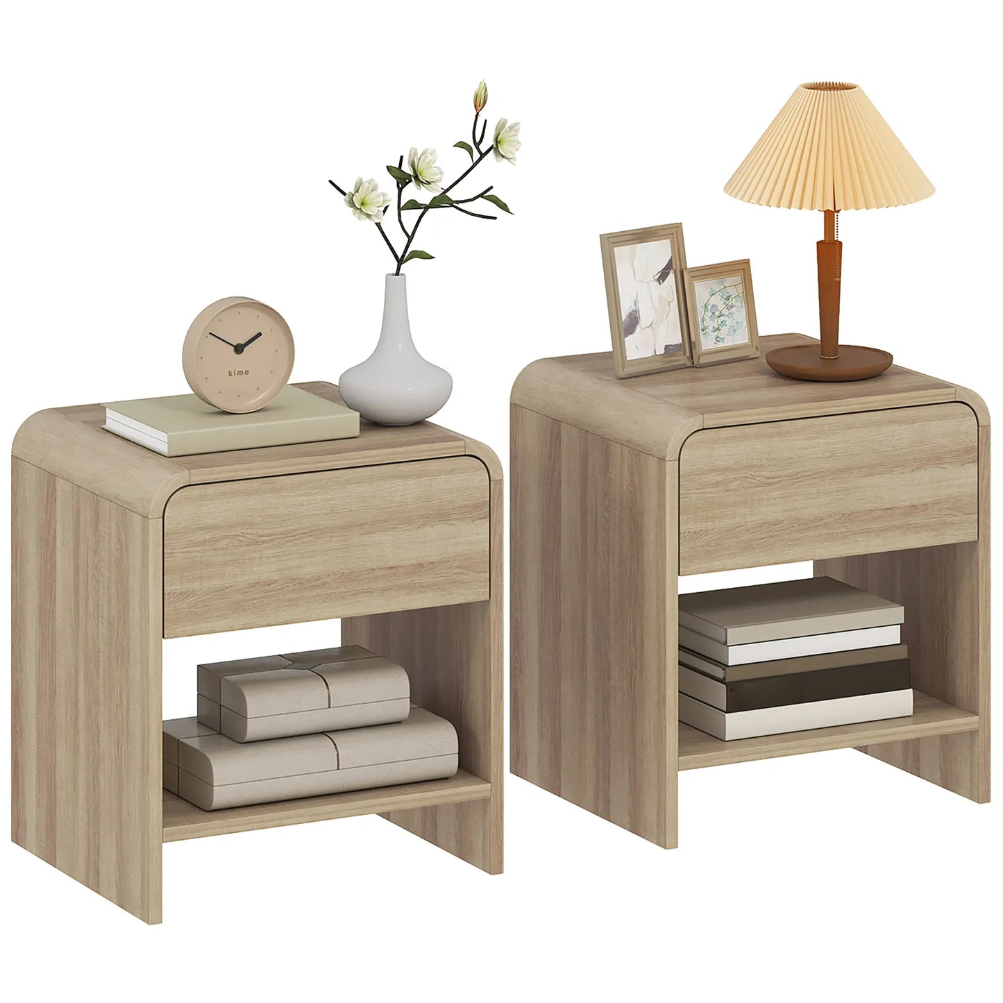 Modern Nightstand Set Of 2, Natural Wood, With Drawer And Open Shelf