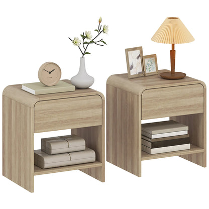 Modern Nightstand Set Of 2, Natural Wood, With Drawer And Open Shelf
