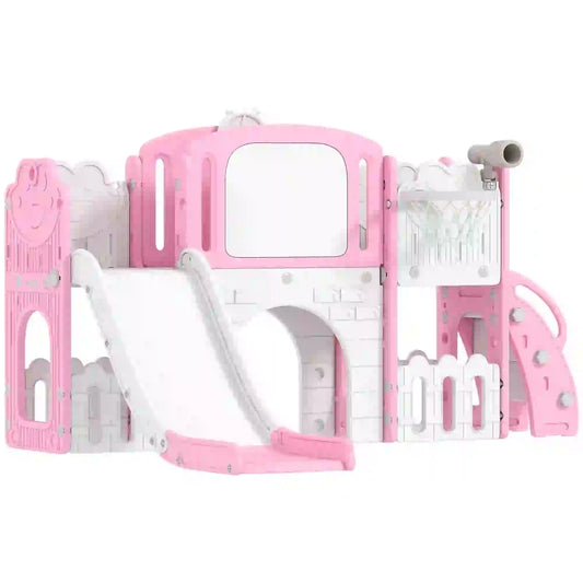 7 In 1 Toddler Slide With Basketball Hoop, Climbing Frame, Telescope, Drawing Board, Storage Box, Pink Gym Sets & Swings Pink, White at Gallery Canada