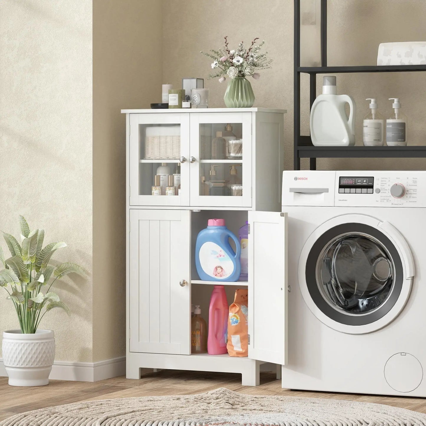 Bathroom Floor Storage Cabinet, Tempered Glass Doors, Adjustable Shelf, White Bathroom Cabinets at Gallery Canada