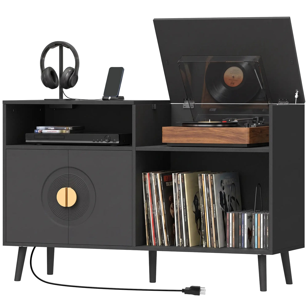 Record Player Stand with Outlets, Vinyl Storage Holds 300 Albums, Black