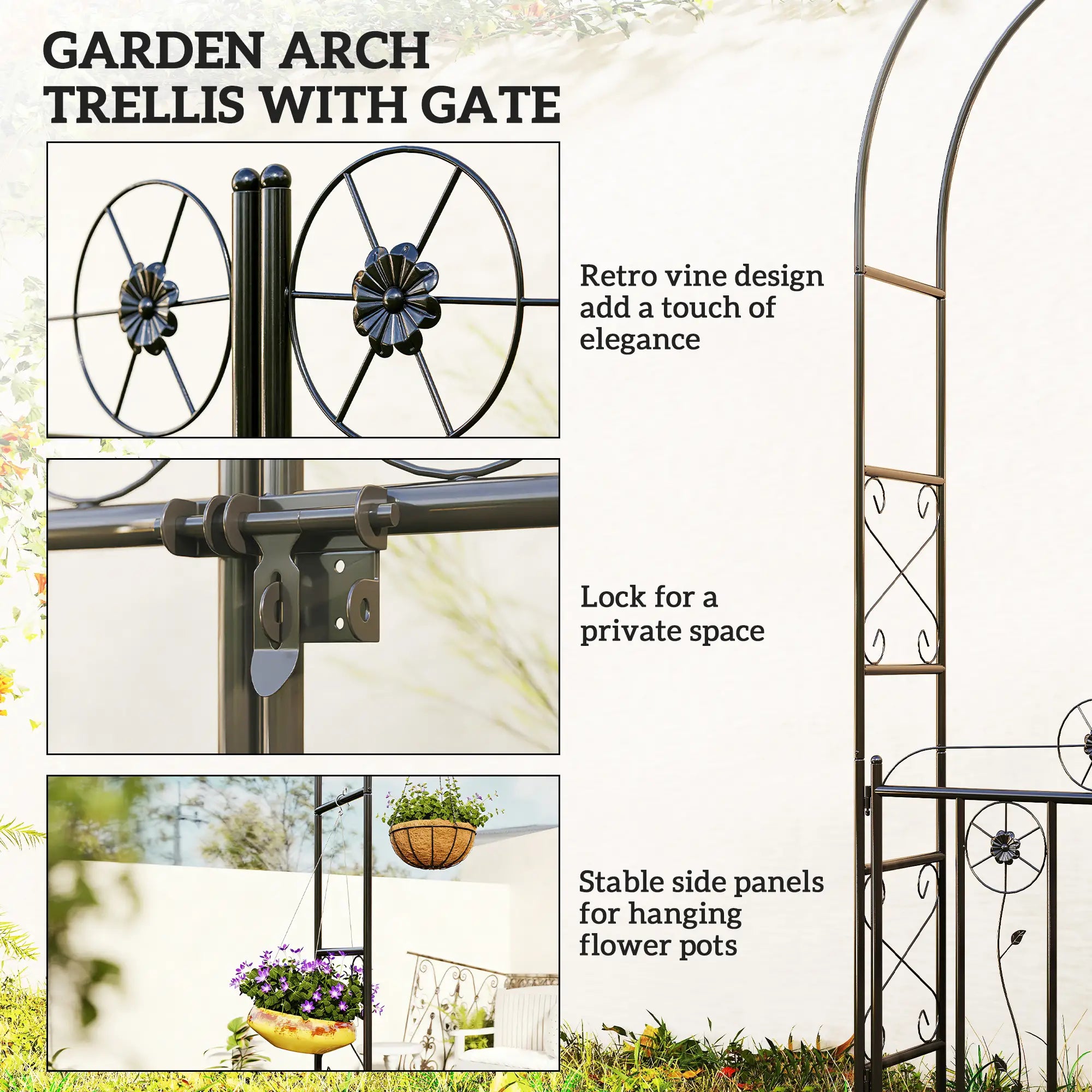 7.4 ft Garden Arch, Outdoor Trellis Arbor With Gate, Black Garden Arches at Gallery Canada