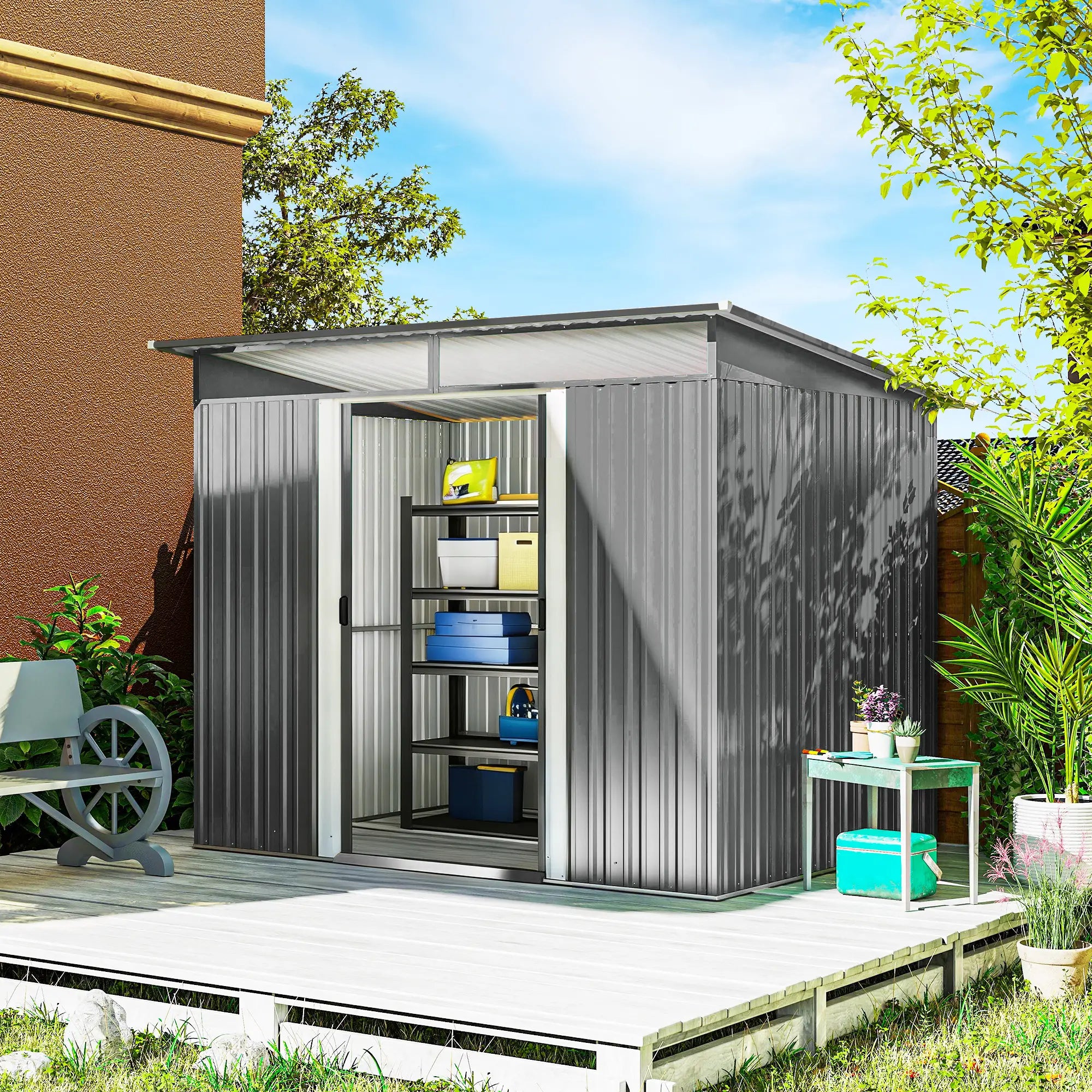 9' X 6.5' Outdoor Metal Garden Shed, Utility Tool Storage, Light Grey Sheds at Gallery Canada
