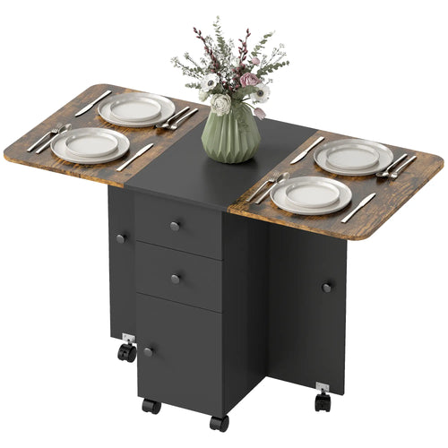 Drop Leaf Dining Table On Wheels With Drawers, Rustic Brown And Black, Brown, Black