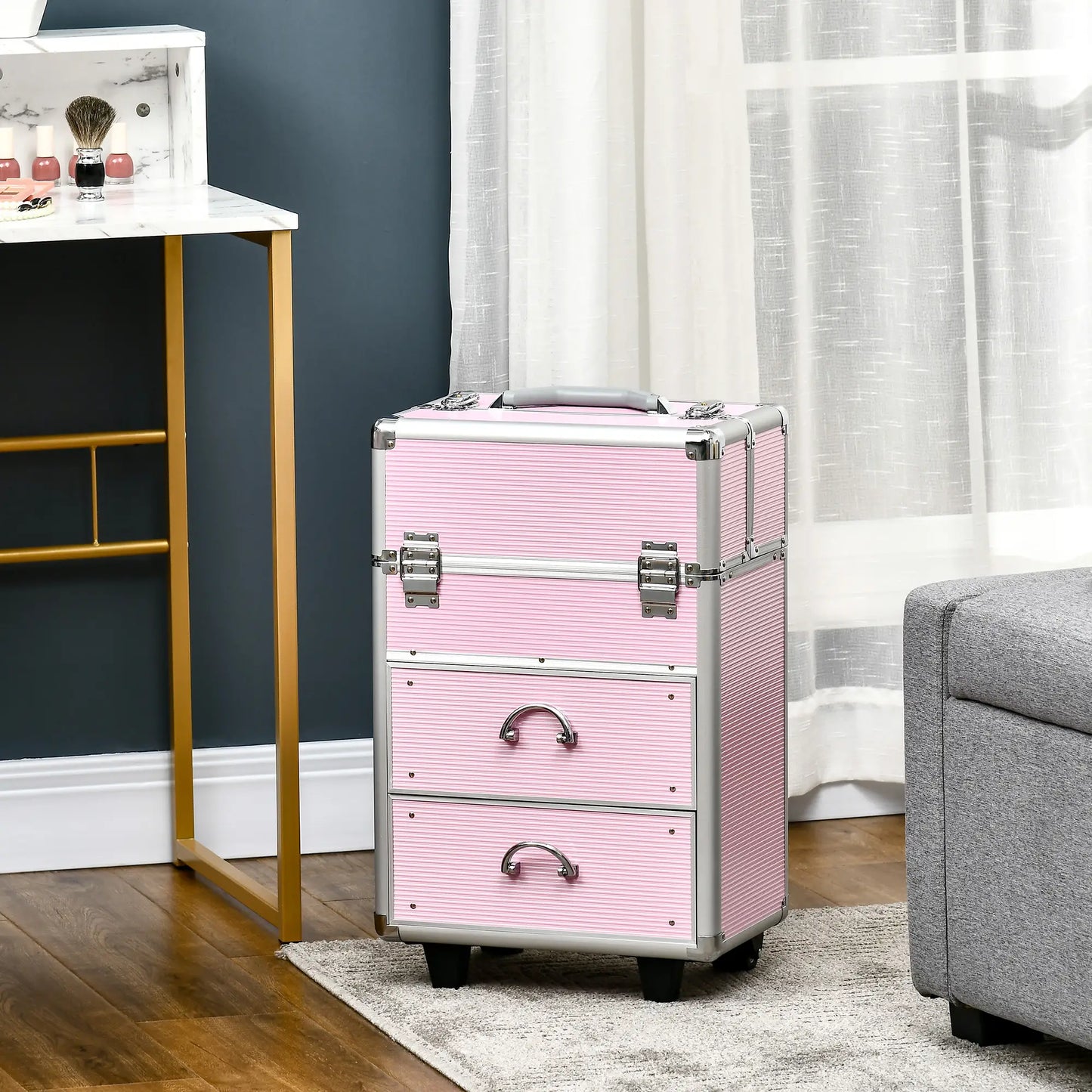 Rolling Makeup Train Case, Large Storage Cosmetic Trolley, Lockable Traveling Cart Trunk with Folding Trays, Swivel Wheels Makeup Cases at Gallery Canada