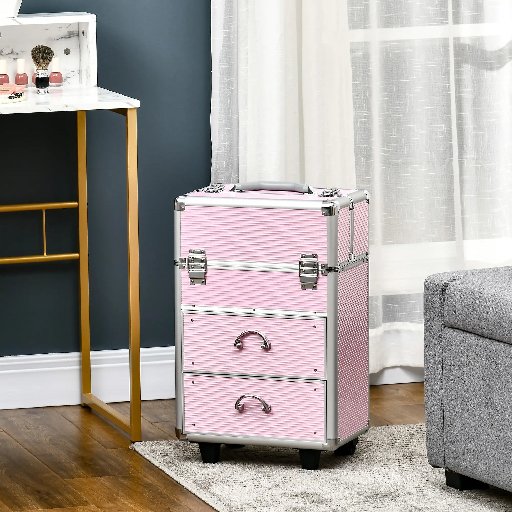 Rolling Makeup Train Case, Large Storage Cosmetic Trolley, Lockable Traveling Cart Trunk with Folding Trays, Swivel Wheels Makeup Cases at Gallery Canada