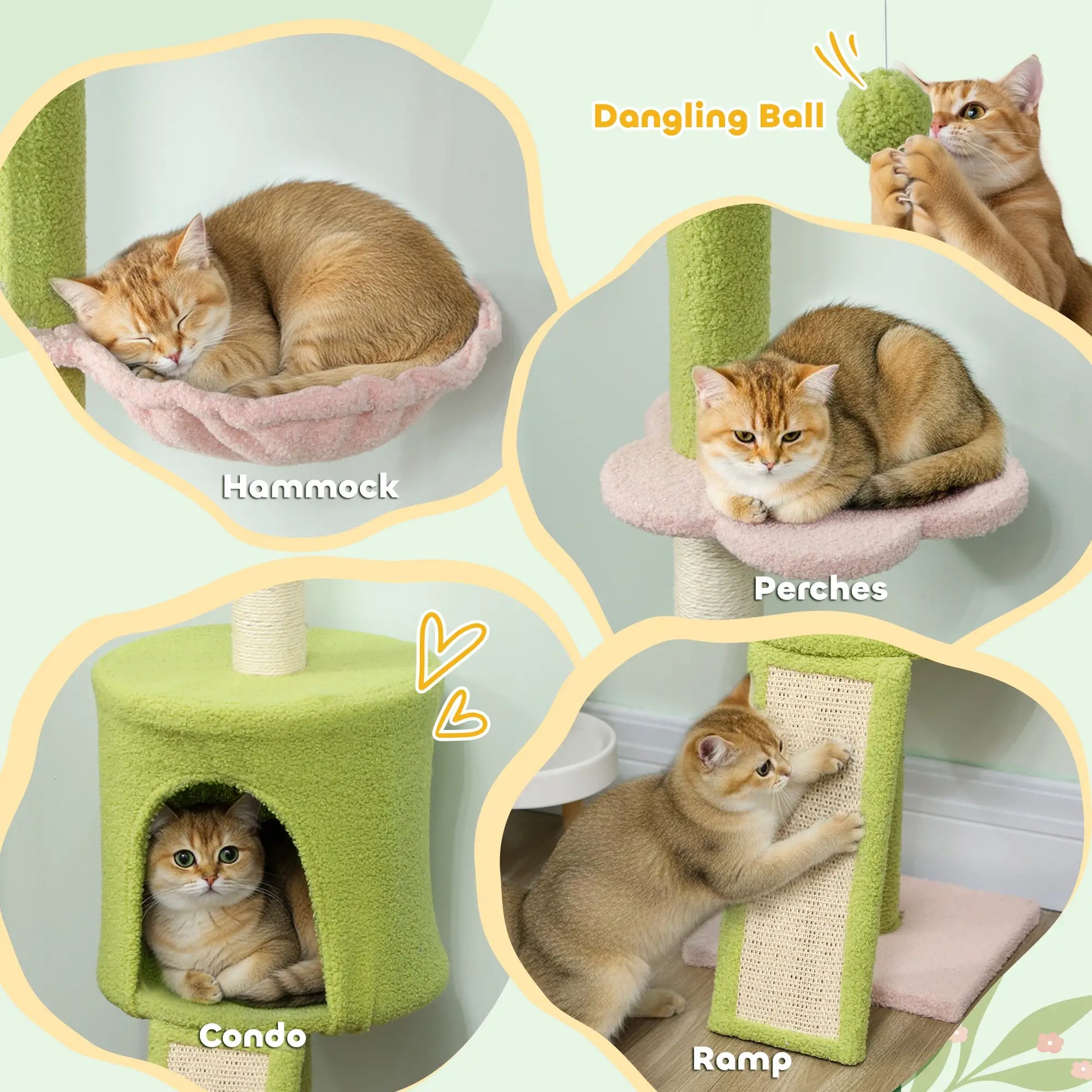 87"-94.5" Cat Tree, Sisal Scratching Post, Condo, Hammock, Ramp, Perches, Green Floor to Ceiling Cat Trees at Gallery Canada