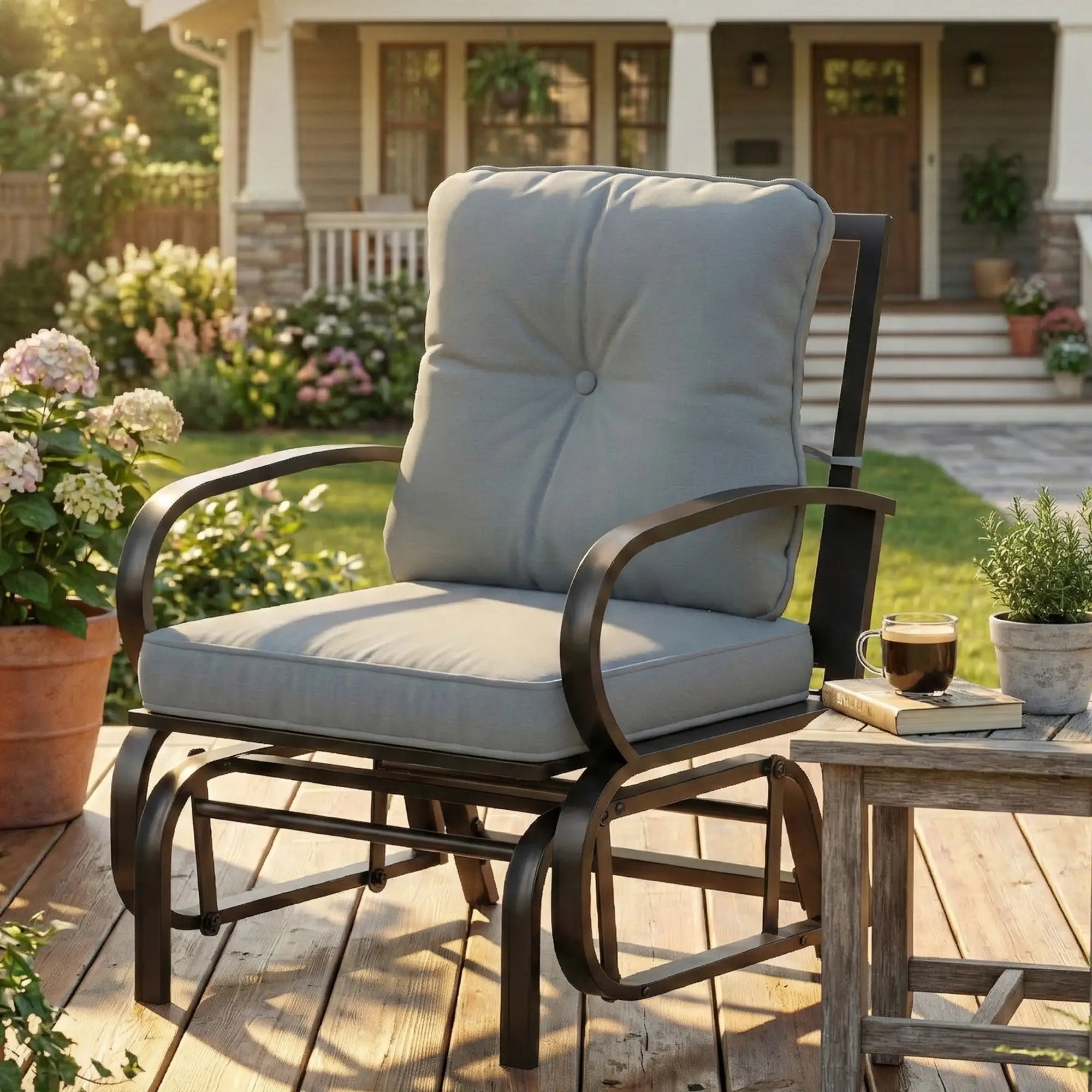 Patio Glider Chair With Cushions, Steel Frame, Curved Armrests, Light Grey Outdoor Gliders at Gallery Canada