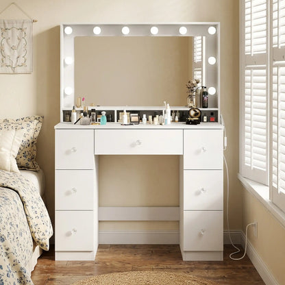 Vanity Desk with 10 Dimmable LED Lights, Mirror Dressing Table with 7 Drawers and Charging Station, White
