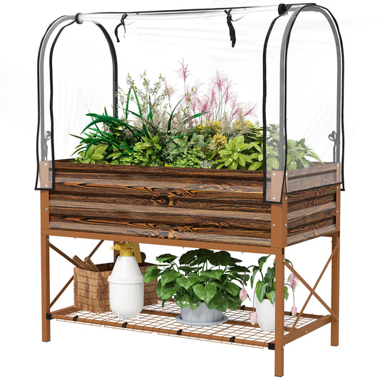 Metal Raised Garden Bed With Cover, 48 Inch, Dark Brown Elevated Garden Beds Dark Brown Wood Effect, Clear at Gallery Canada