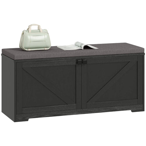 Shoe Storage Bench with Padded Seat, Entryway Bench, 8 Pairs, Black Wood Grain, Black