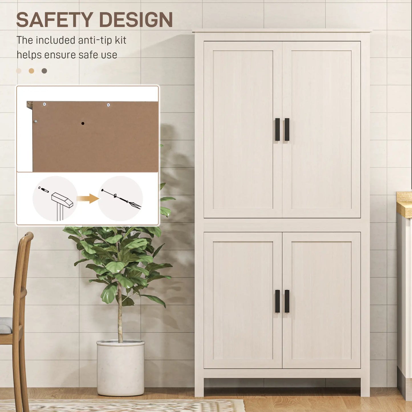 64" Kitchen Pantry Cabinet, 4 Doors, 3 Adjustable Shelves, Antique White, White Kitchen Pantry Cabinets at Gallery Canada