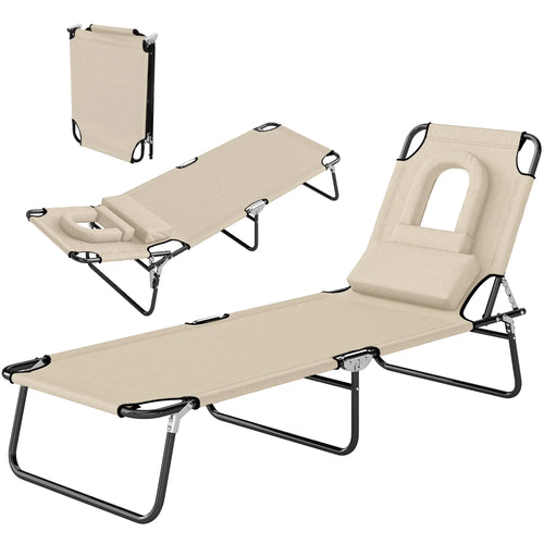 Outdoor Lounge Chair, Adjustable Backrest, Face Hole, Support Pillow, Beige