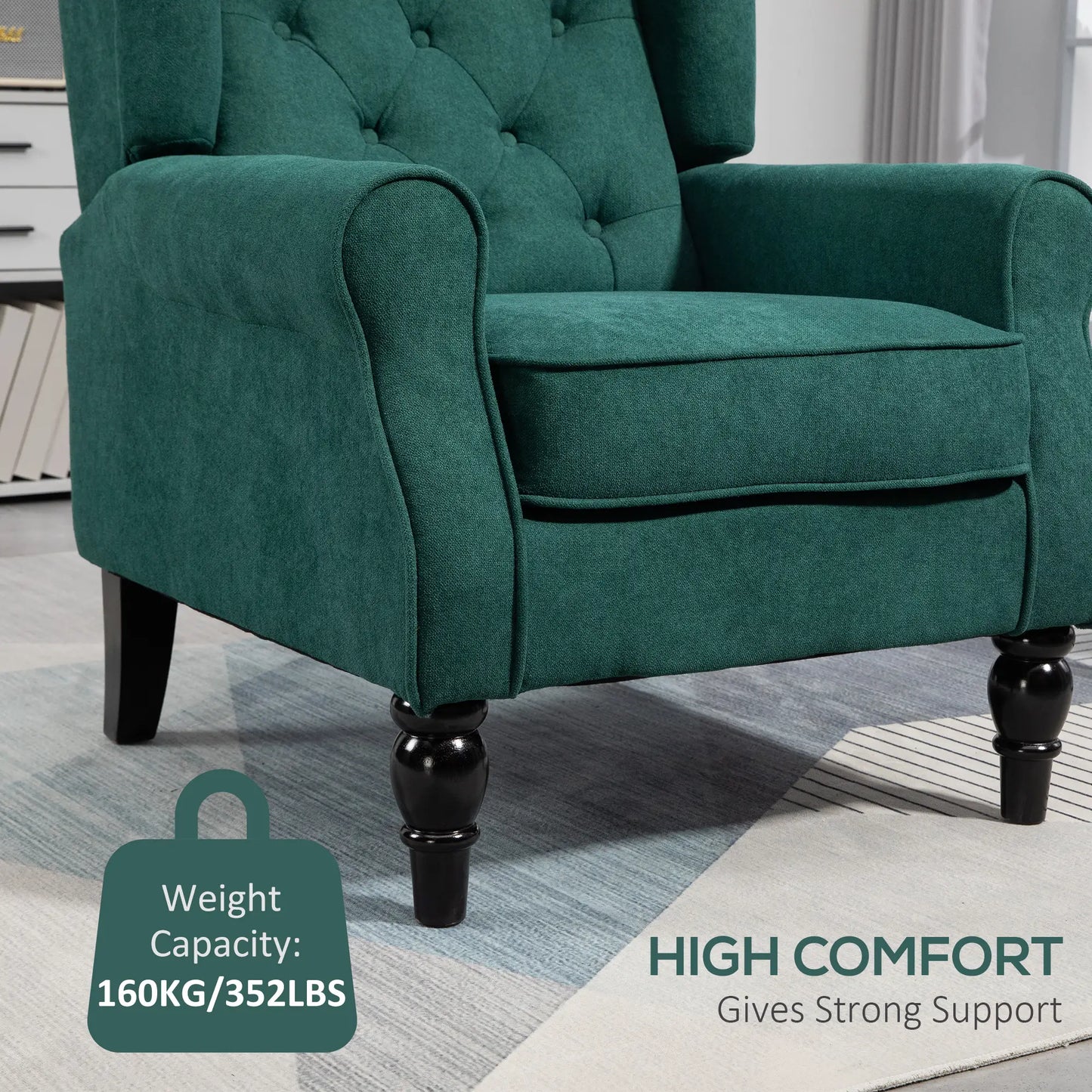 Fabric Accent Chair, Button Tufted, Wood Legs, Dark Green Accent Chairs at Gallery Canada