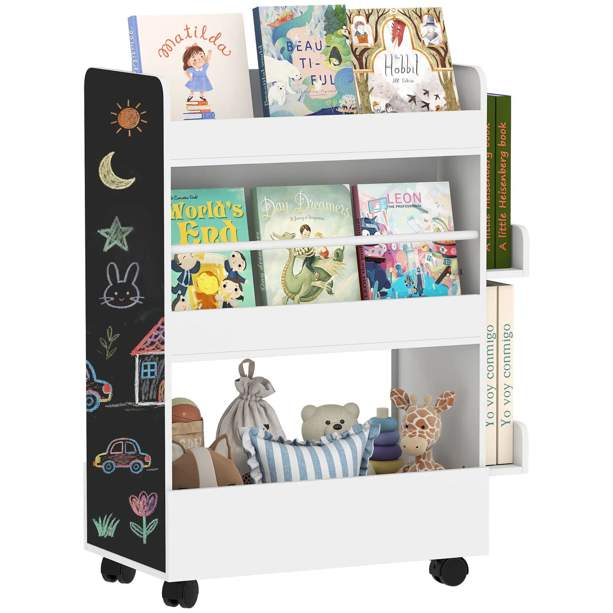Kids Bookshelf with Wheels, Blackboard, 3-8 Years