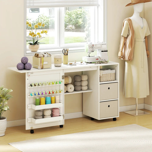 Rolling Sewing Machine Table, Folding Craft Table with Drawers, White