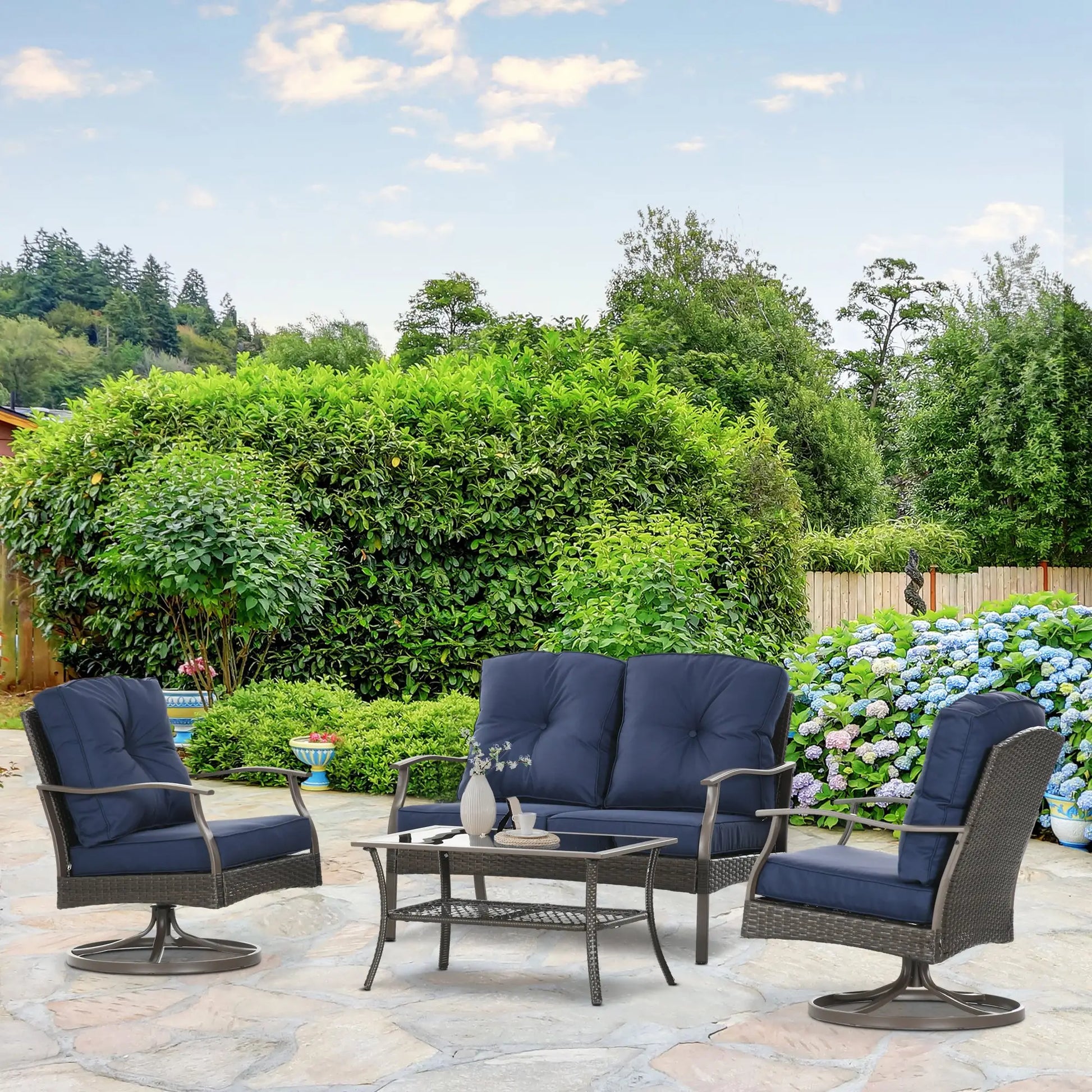 4 Pcs PE Rattan Wicker Sofa Set, Outdoor Conversation Furniture, Navy Blue Patio Furniture Sets at Gallery Canada