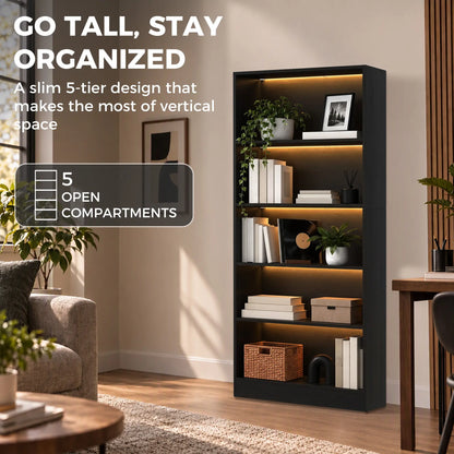 5-Tier Bookshelf With LED Lights, Cable Holes, Black Wood Grain