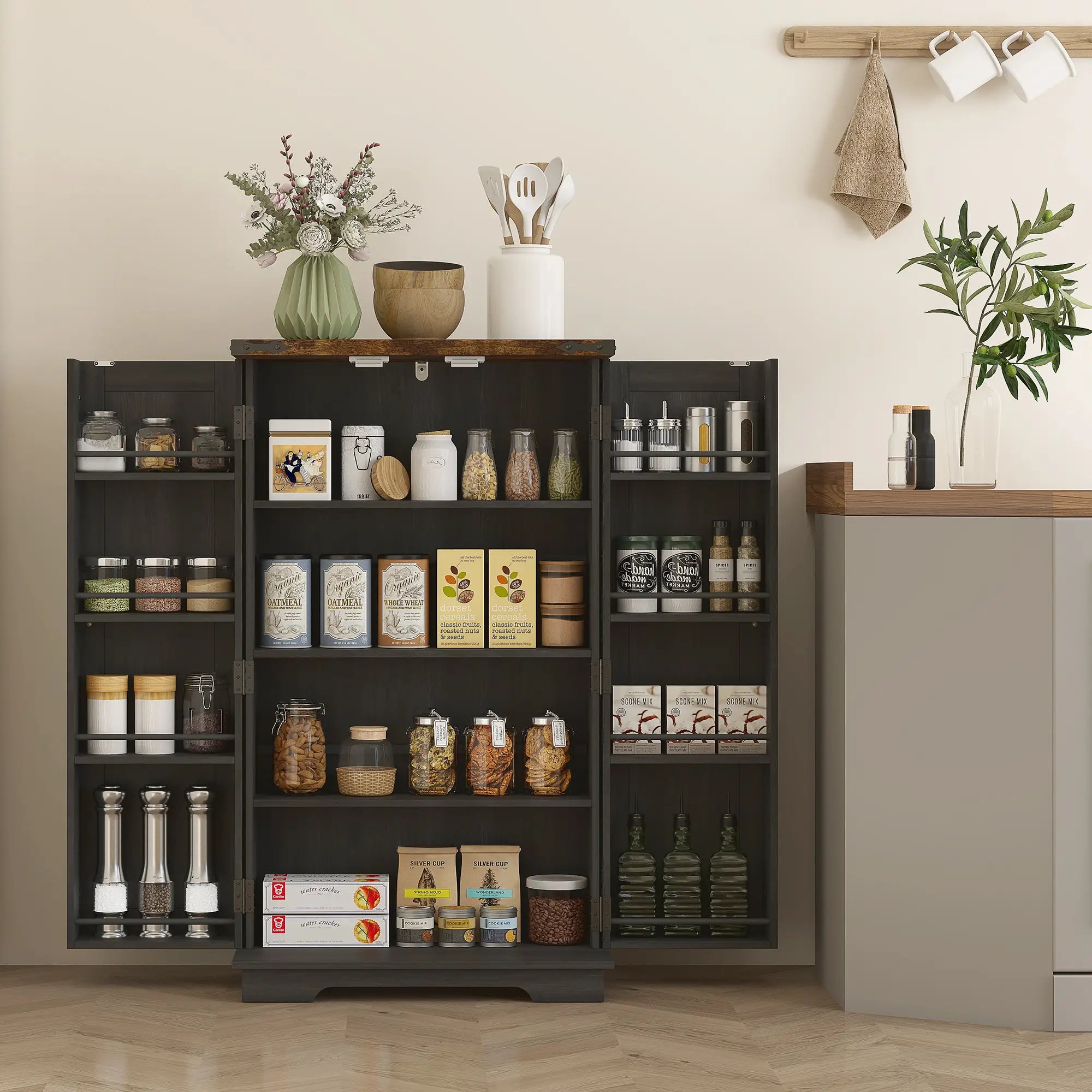 Farmhouse Kitchen Pantry Cabinet, Adjustable Shelves, Black Kitchen Pantry Cabinets at Gallery Canada