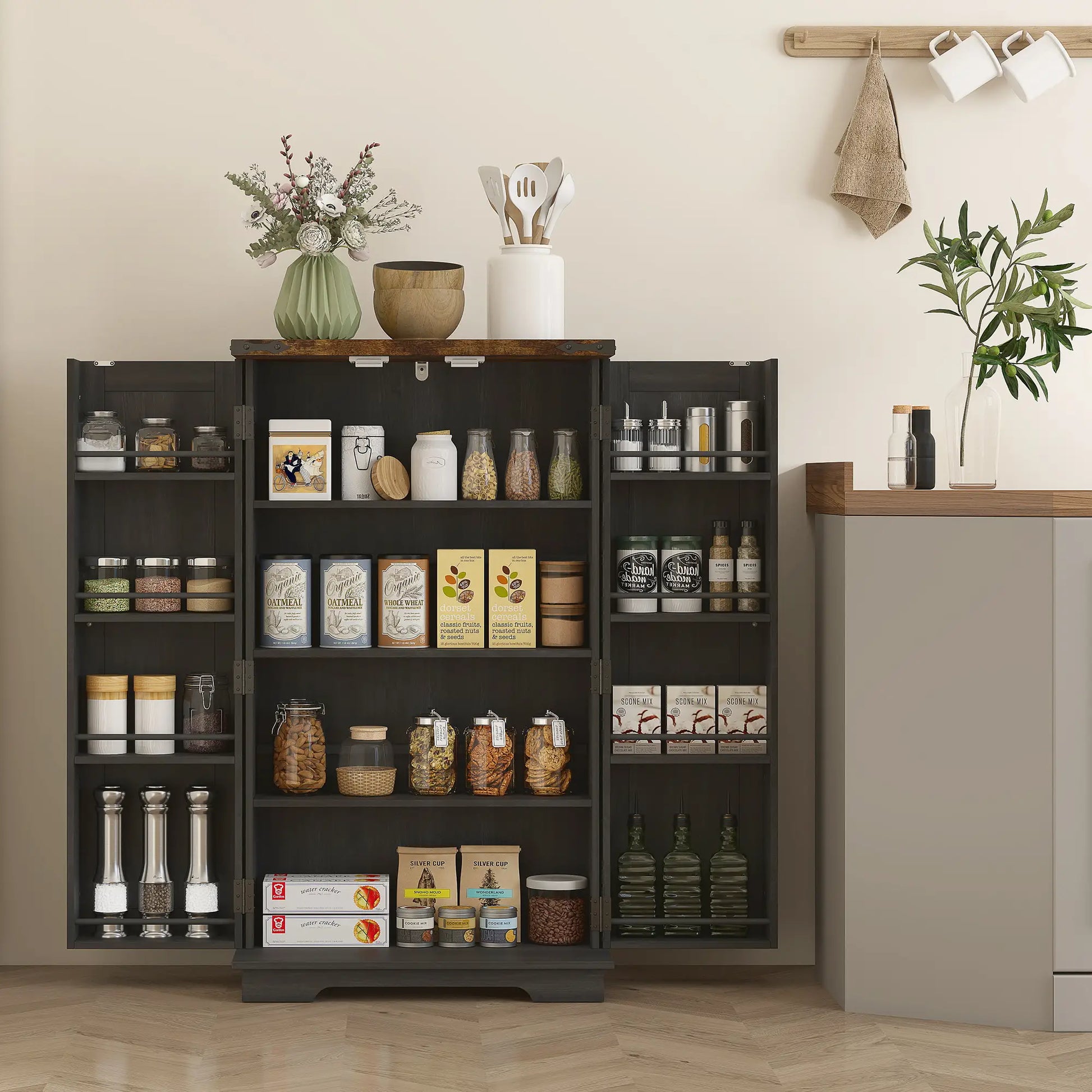 Farmhouse Kitchen Pantry Cabinet, Adjustable Shelves, Black Kitchen Pantry Cabinets at Gallery Canada
