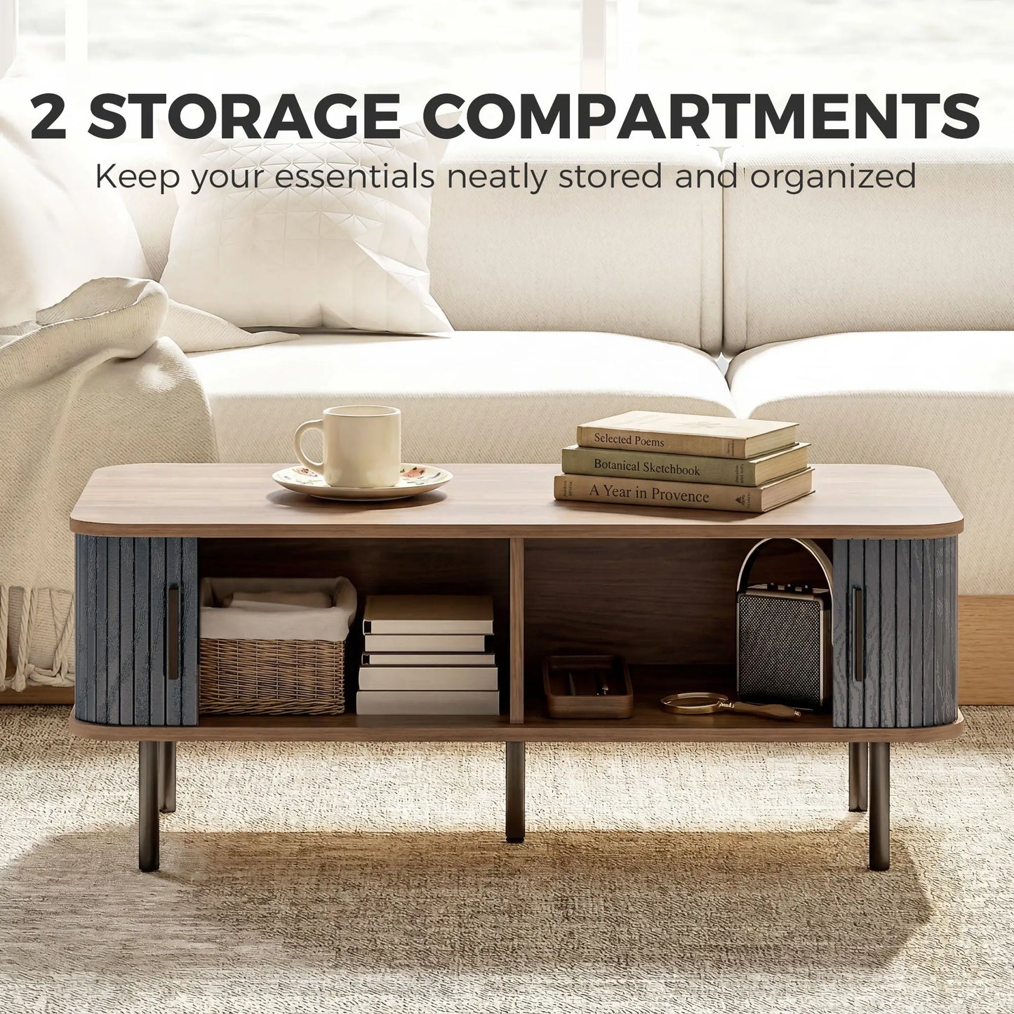 Nordic Side Table with Fluted Tambour Sliding Doors and Steel Legs, Coffee Table with Storage for Living Room, Black Coffee Tables at Gallery Canada