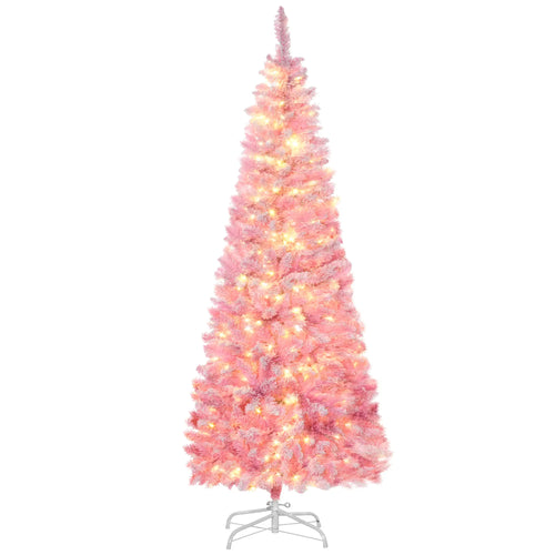 6ft Prelit Snow Flocked Artificial Christmas Tree, Pencil Shape, 500 Pine Branches, Warm White LED, Auto Open, Pink White