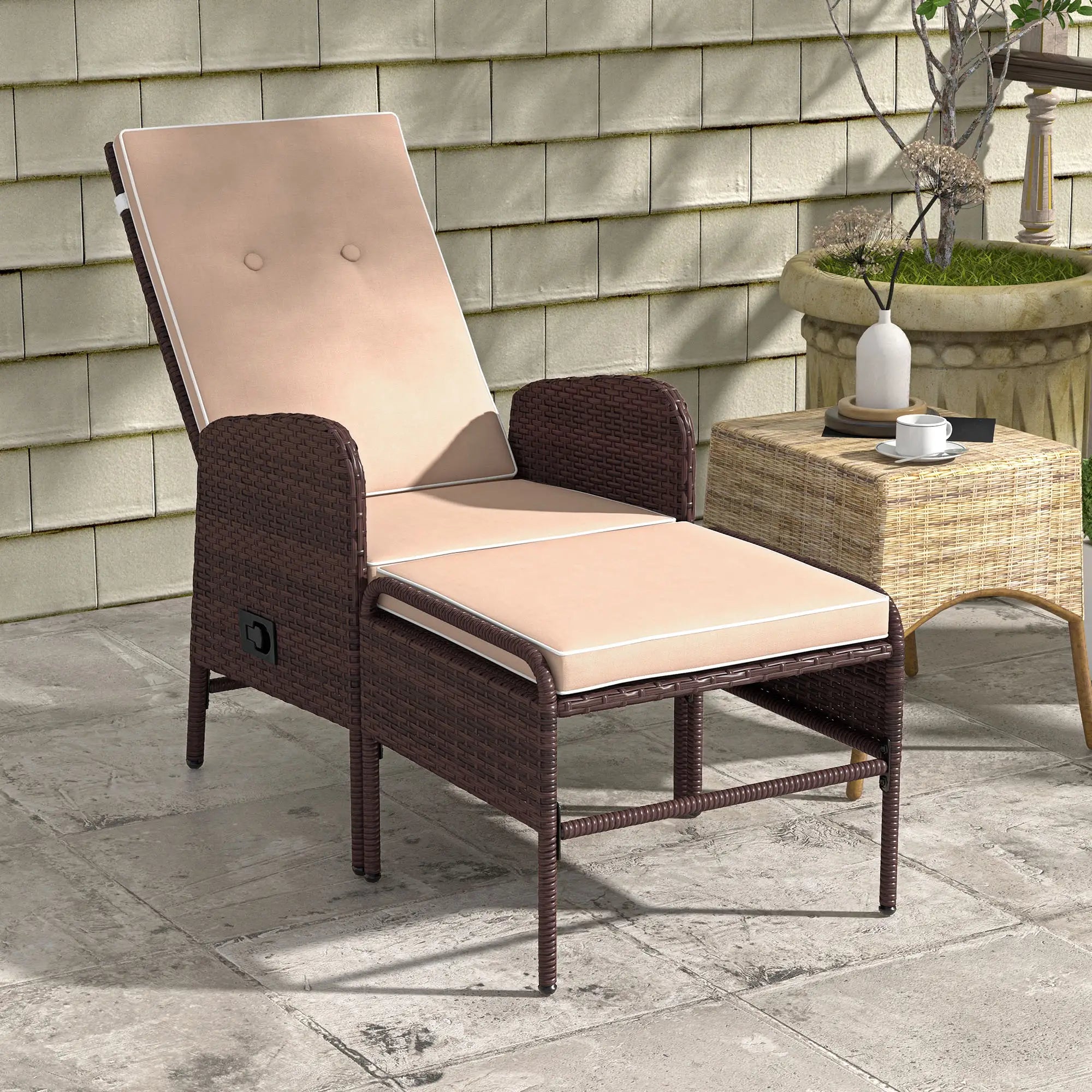 2 Pc Patio Reclining Chair Set with Stool, Cushions, Outdoor, Brown Patio Furniture Sets at Gallery Canada