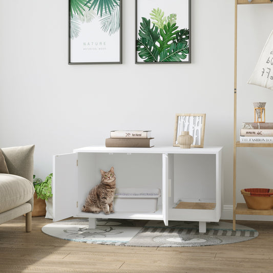 Wooden Cat Washroom Pet Litter Box Enclosure Kitten House Nightstand End Table with Scratcher Magnetic Doors White - Gallery Canada