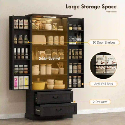 72 Inch LED Kitchen Pantry Cabinet, 10 Shelves, 2 Drawers, Black Kitchen Pantry Cabinets at Gallery Canada