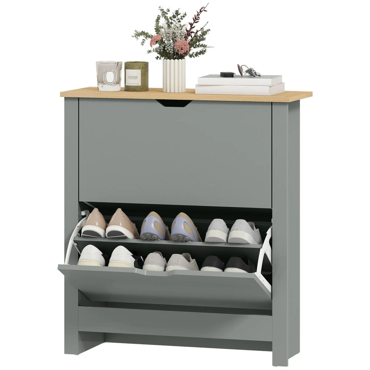 Shoe Storage Cabinet, 2 Flip Drawers, Adjustable Shelves, Light Grey