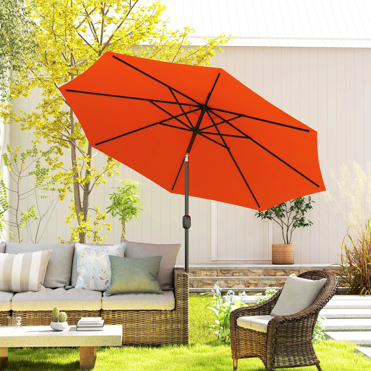 Parasol de marché rond 10' x 8', parasol de patio avec inclinaison à manivelle, orange