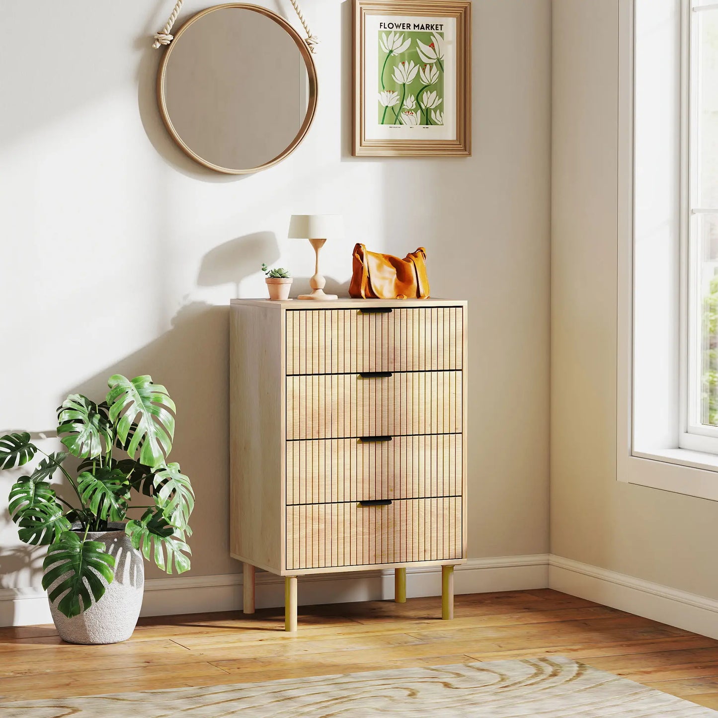 4 Drawer Dresser, Fluted Panels, Solid Wood Legs, Oak Storage Cabinets at Gallery Canada