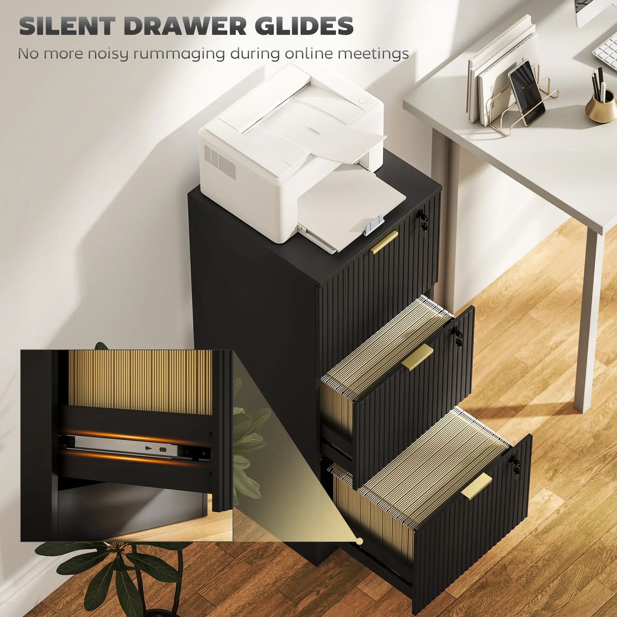 Lockable Filing Cabinet, 3 Fluted Drawers, Adjustable Hanging Rails, Black Office Cabinets & Cupboards at Gallery Canada