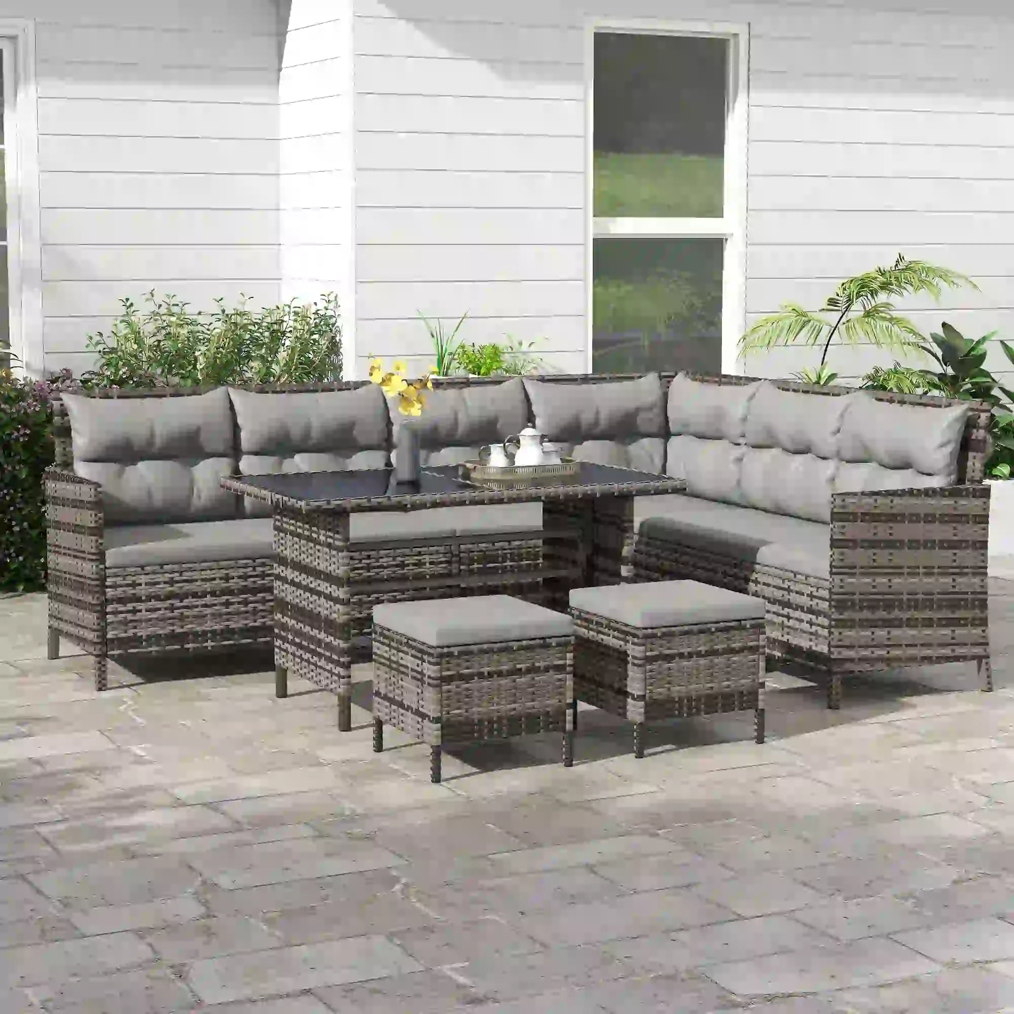 6pcs Outdoor Rattan Sofa Set, Wicker Sectional Couch, Dining Table, Chair, Grey Patio Furniture Sets at Gallery Canada