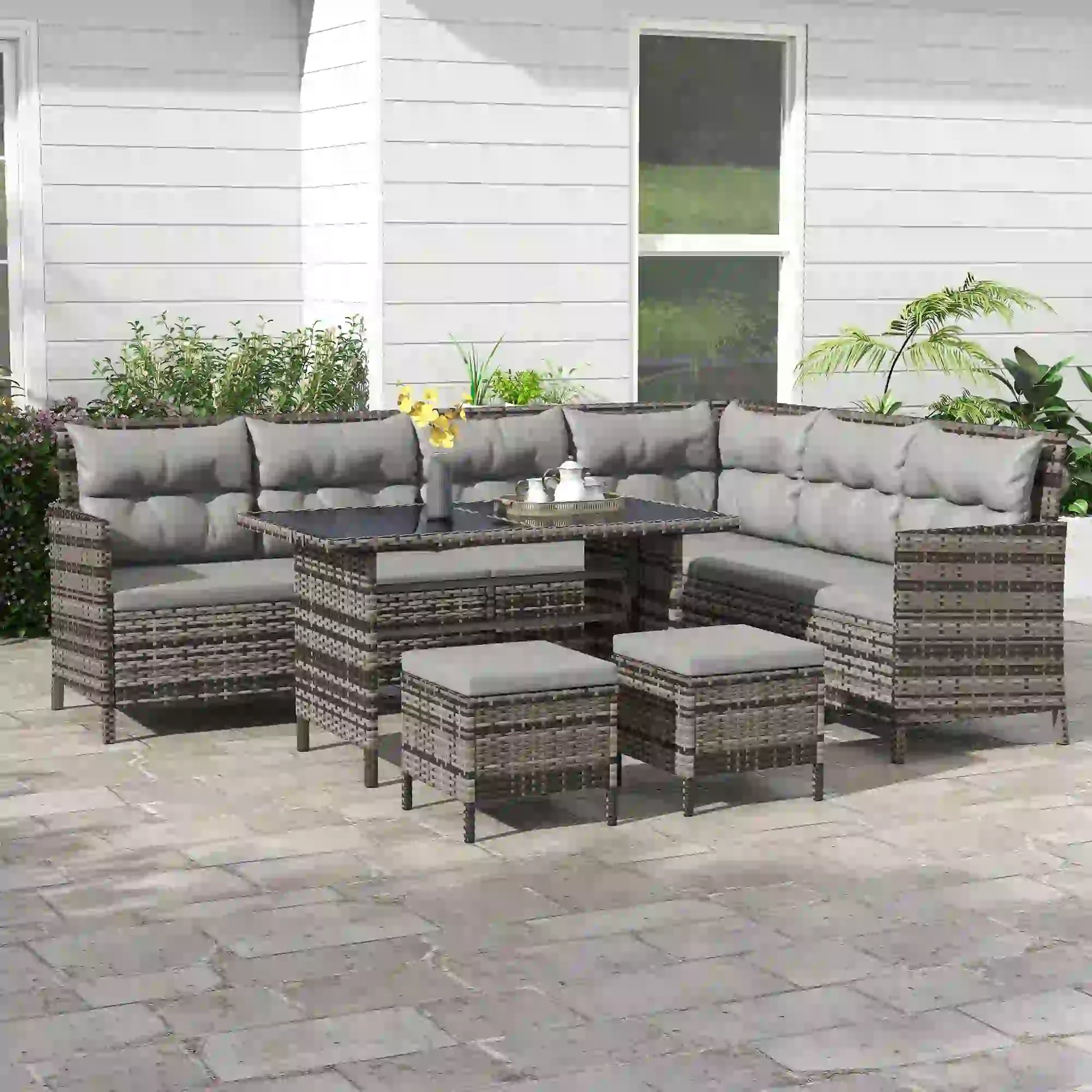 6pcs Outdoor Rattan Sofa Set, Wicker Sectional Couch, Dining Table, Chair, Grey Patio Furniture Sets at Gallery Canada
