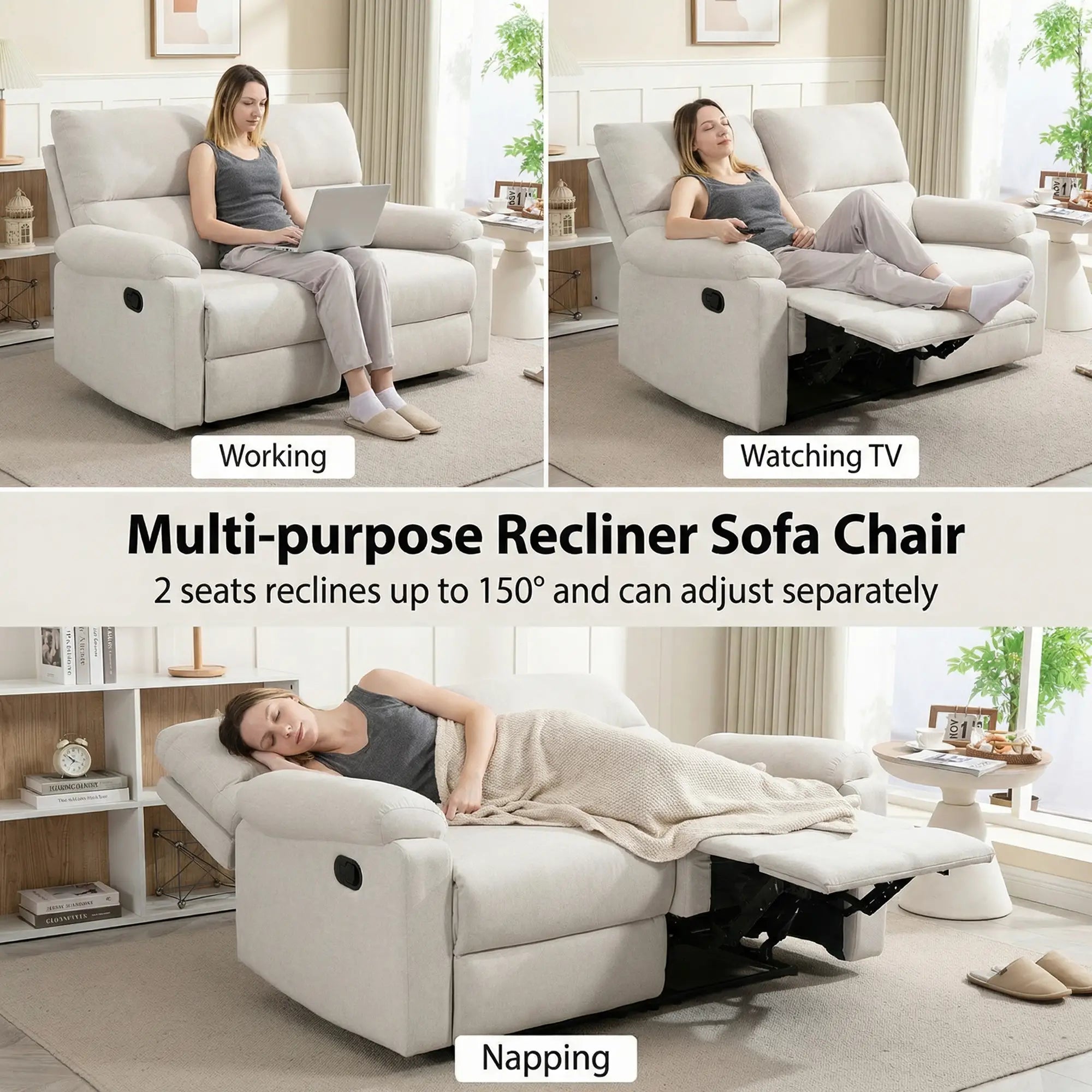 2 Seater Reclining Chair, Loveseat with Footrest, Cream White Sofas & Reclining Chairs at Gallery Canada