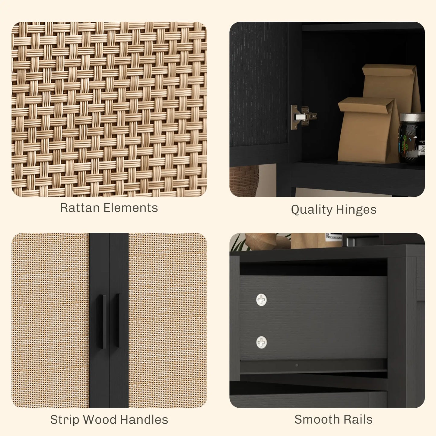 Boho Kitchen Sideboard, 2 Rattan Doors, Drawer, Black Storage Cabinets at Gallery Canada