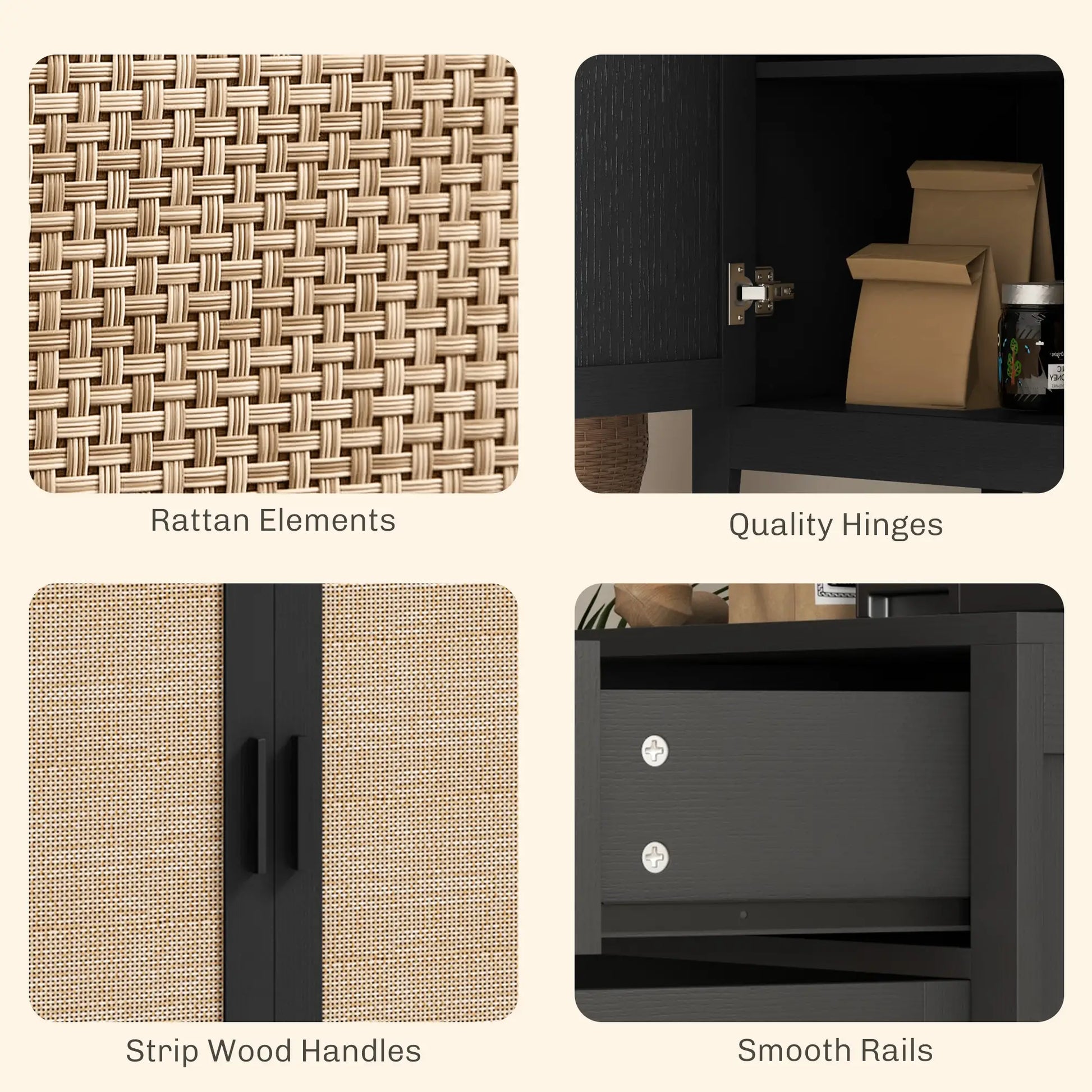 Boho Kitchen Sideboard, 2 Rattan Doors, Drawer, Black Storage Cabinets at Gallery Canada