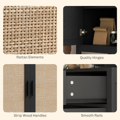 Boho Kitchen Sideboard, 2 Rattan Doors, Drawer, Black Storage Cabinets at Gallery Canada