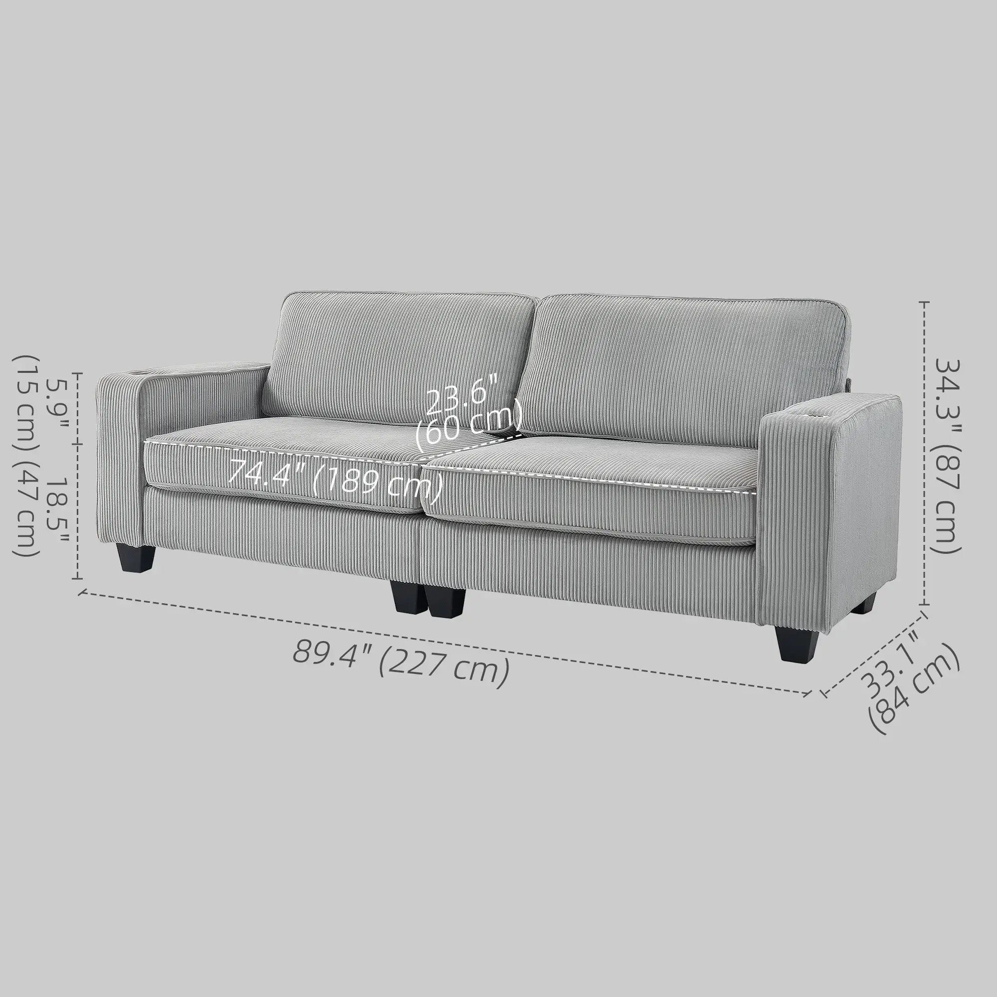 Three Seater Sofa, Fabric Couch with Spring Cushion, Cup Holders, Light Grey 3-Seater Sofas at Gallery Canada