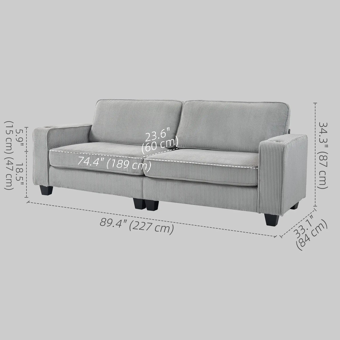 Three Seater Sofa, Fabric Couch with Spring Cushion, Cup Holders, Light Grey 3-Seater Sofas at Gallery Canada